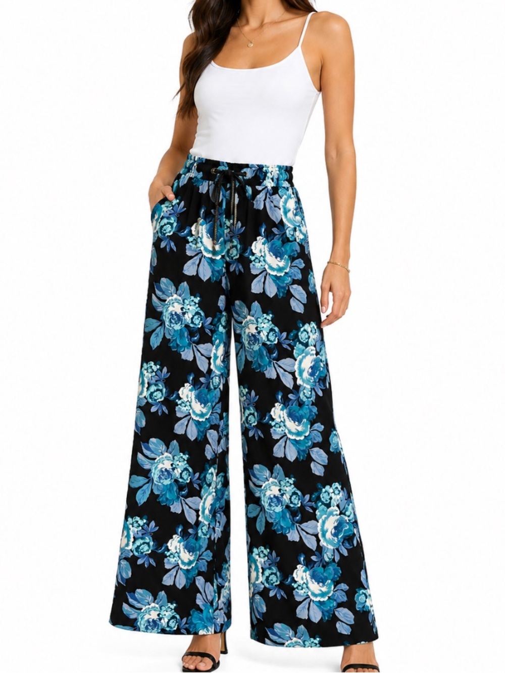 METAPHOR Black & Blue Floral Wide Leg Palazzo Pants S NWOT